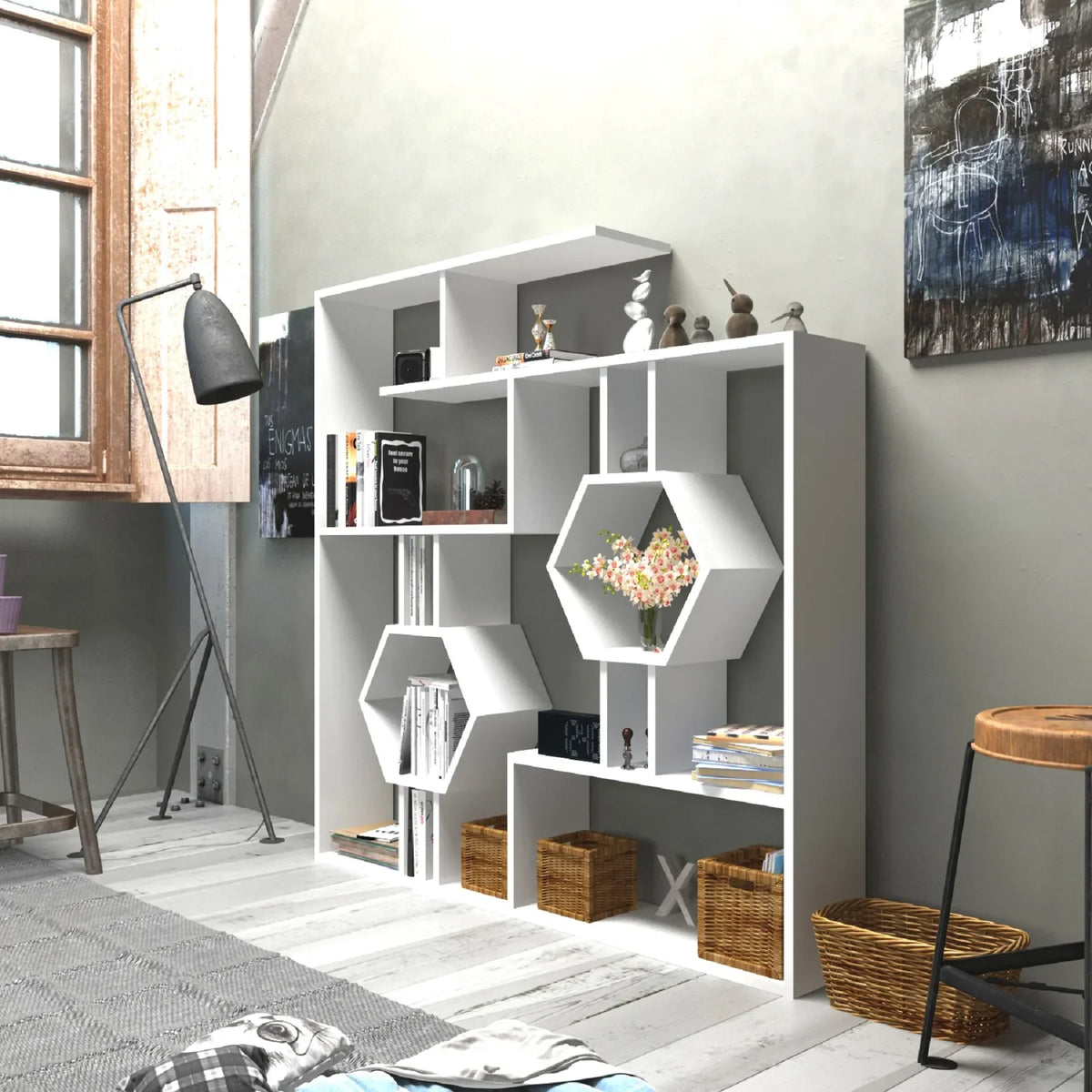White Tamara geometric bookcase in a living room