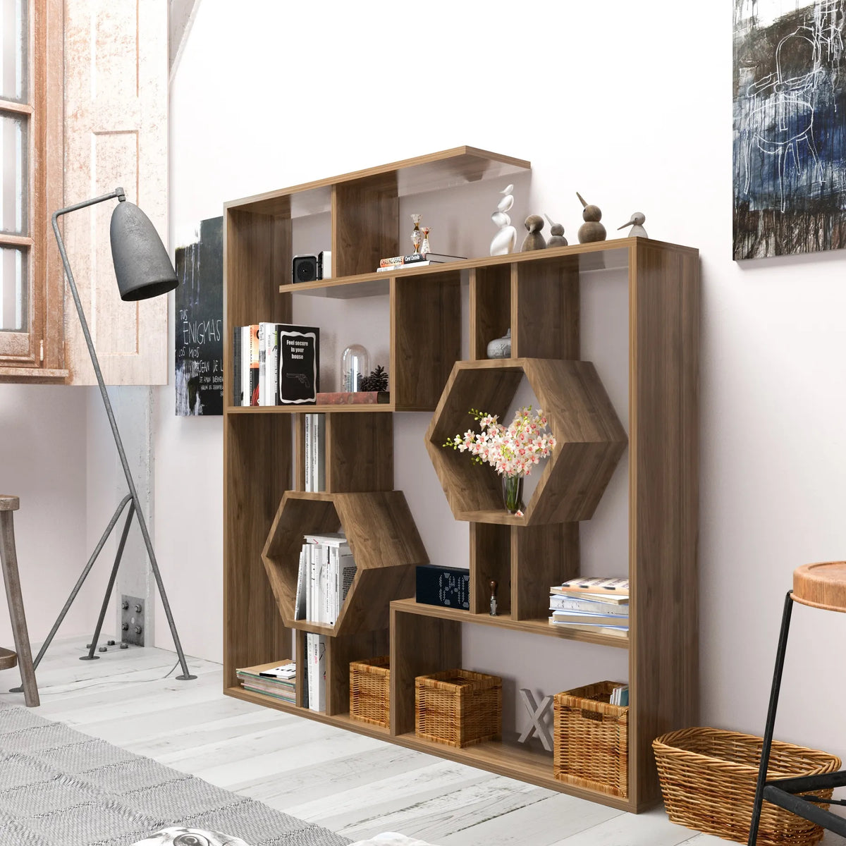 Walnut Tamara geometric bookcase in a living room