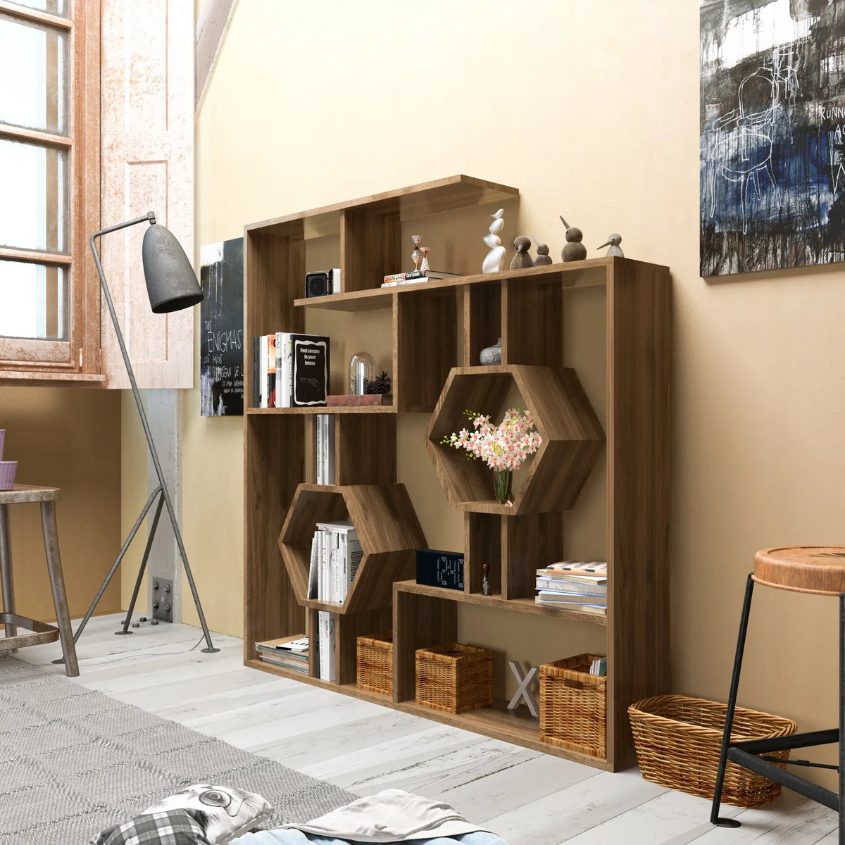 Walnut Tamara bookcase styled with books and plants