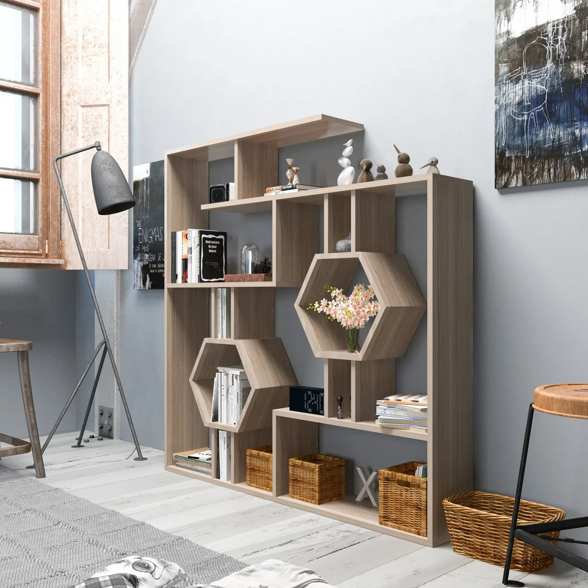 Walnut and gray Tamara geometric bookcase