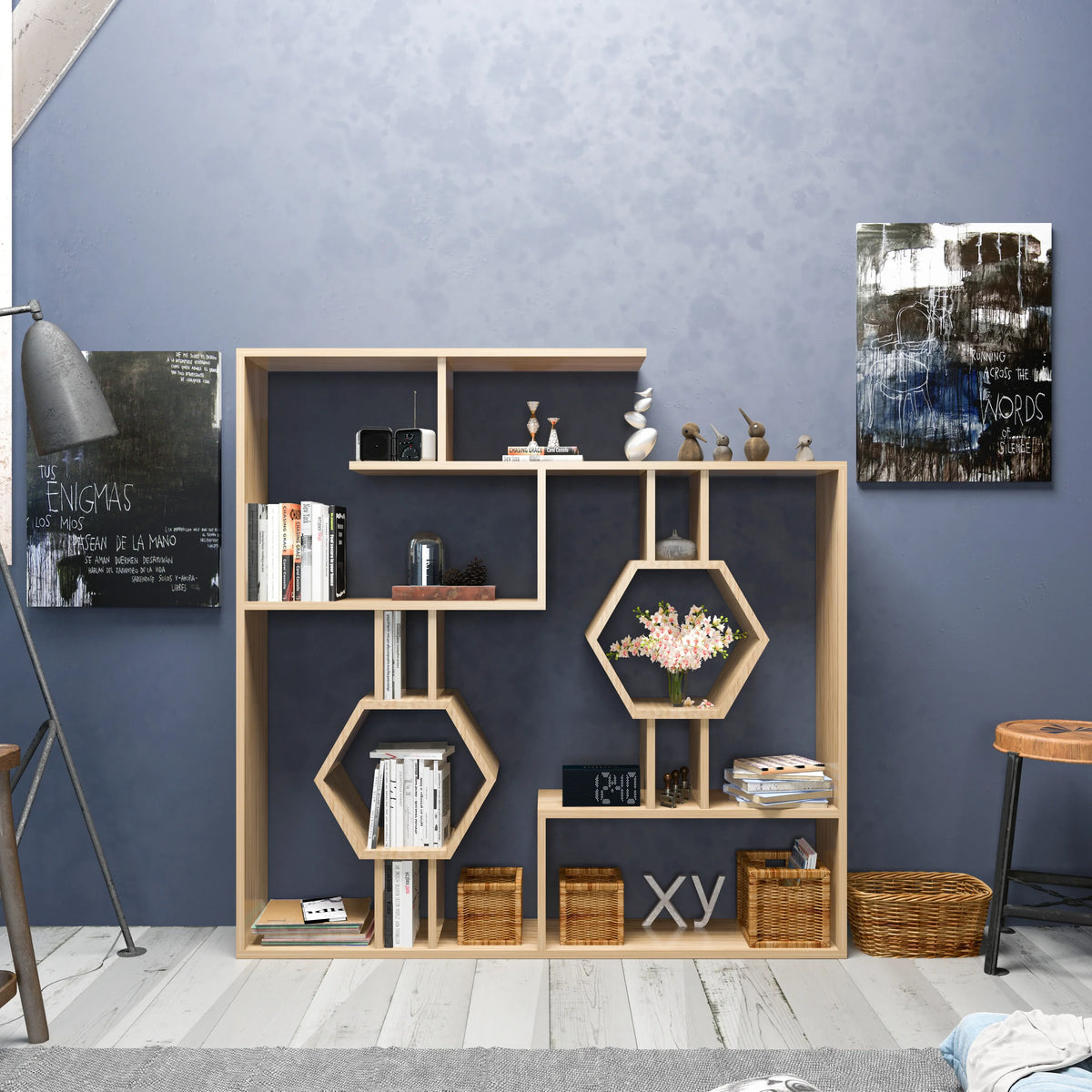 Gray Tamara geometric bookcase with decor