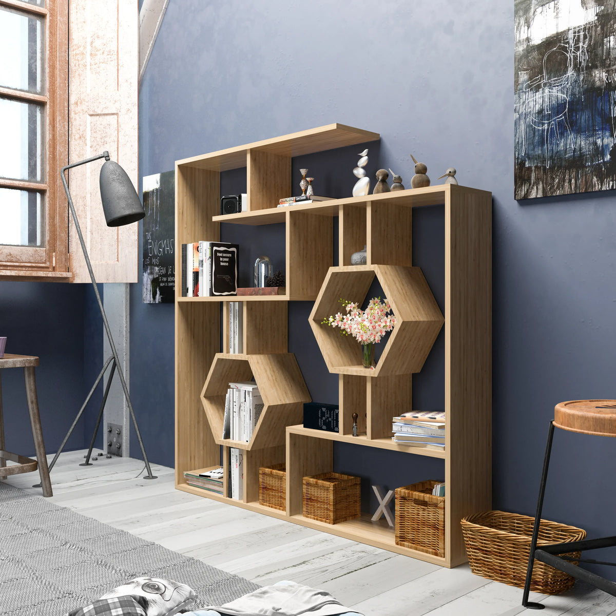 Walnut Tamara geometric bookcase with decor