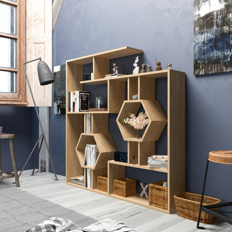 Walnut Tamara geometric bookcase with decor