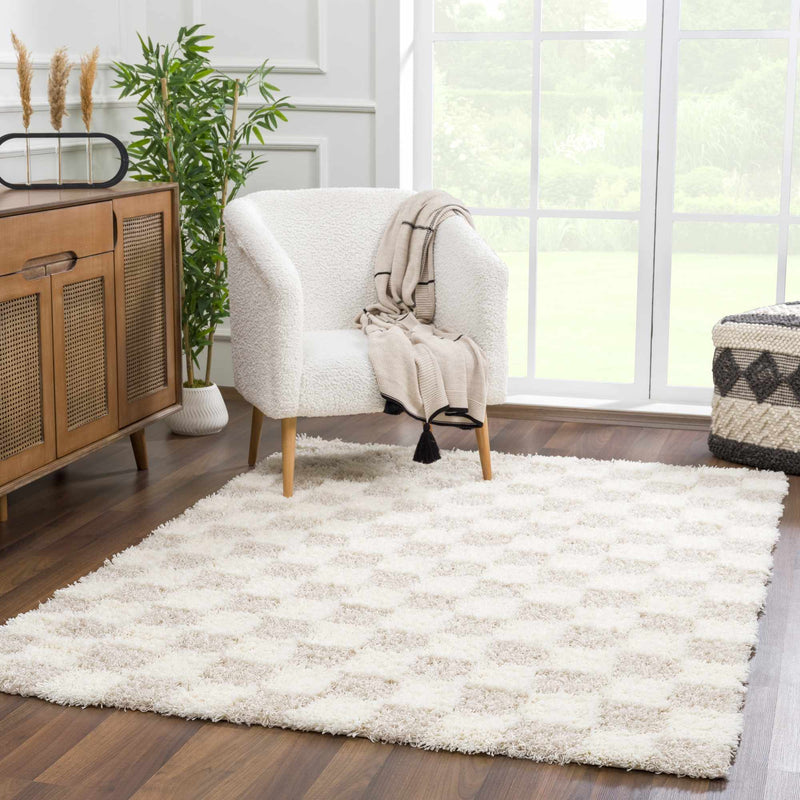 Checkered shag rug with an accent chair and wood console