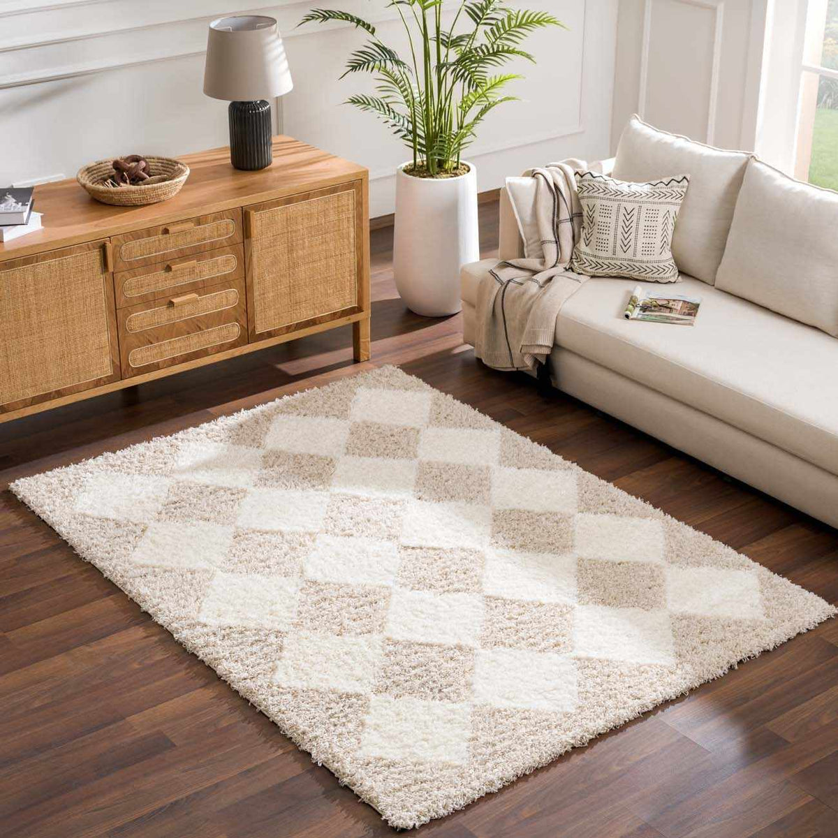 Cream and beige diamond shag rug in a living room