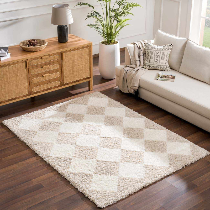 Cream and beige diamond shag rug in a living room