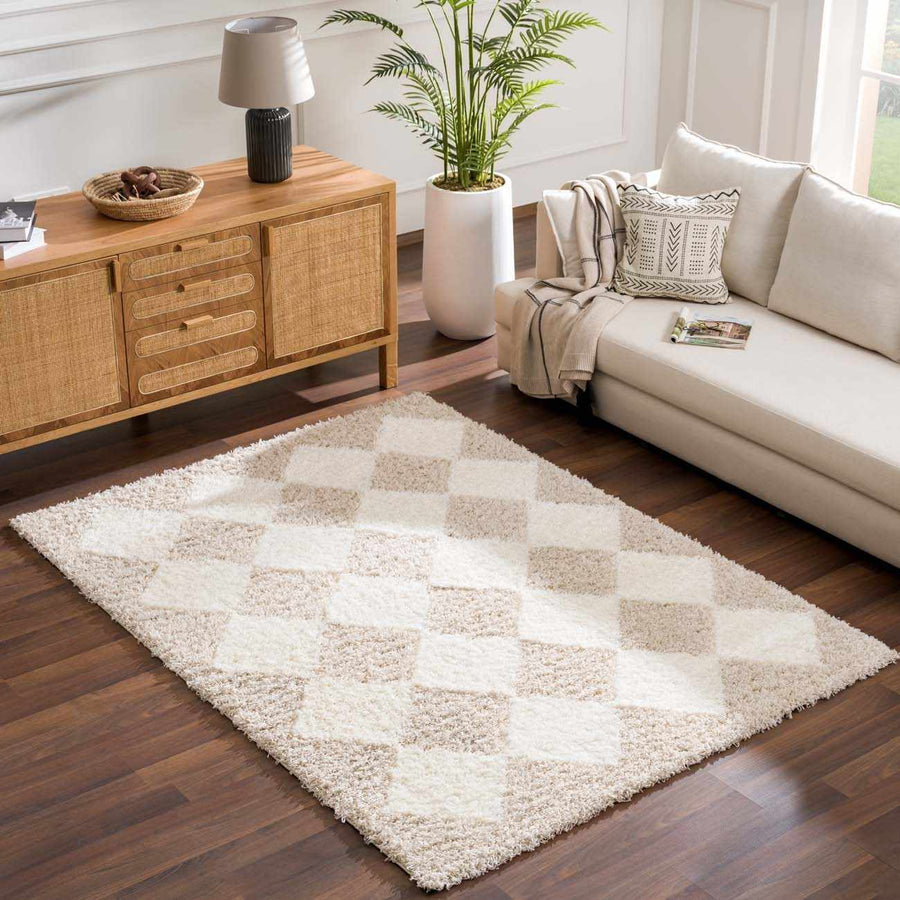 Cream and beige diamond shag rug in a living room