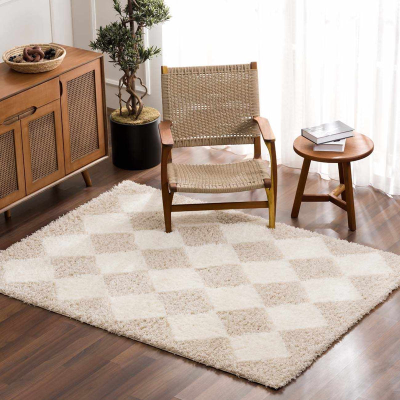 Diamond shag rug with a woven accent chair