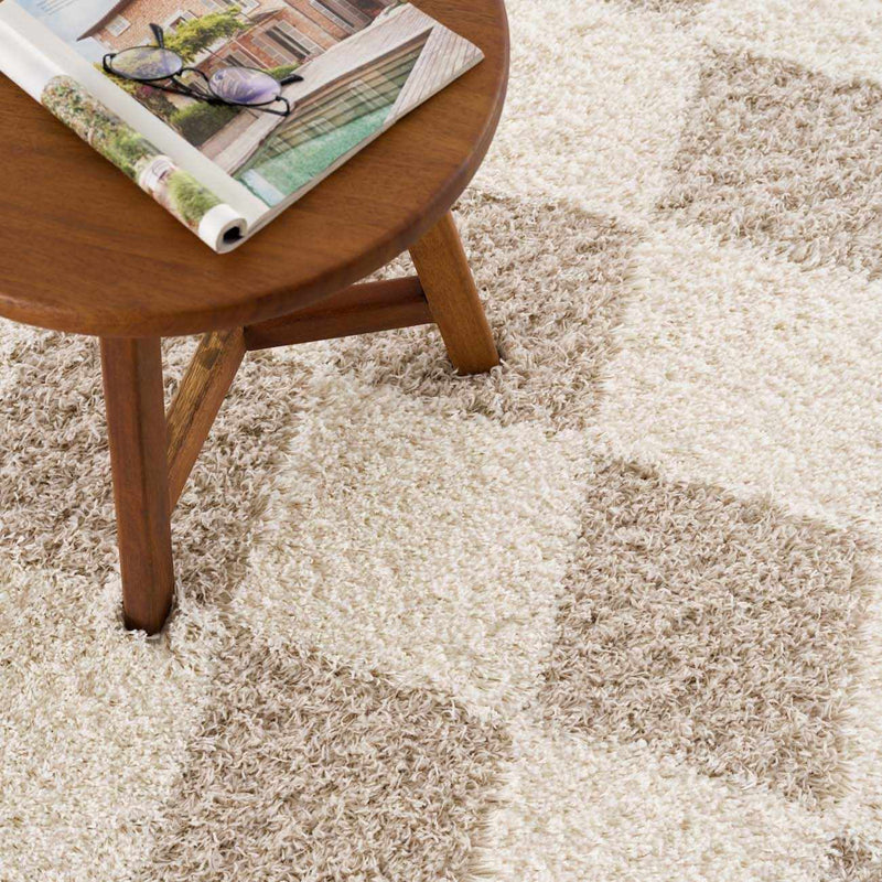 Diamond shag rug under a wood side table
