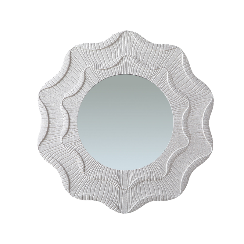 Wavy flower wall mirror, front view on light gray