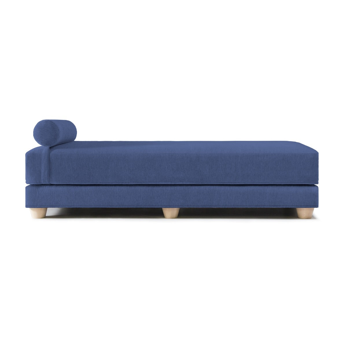 Chenille blue Alon daybed sleeper sofa with bolster pillow and wooden feet
