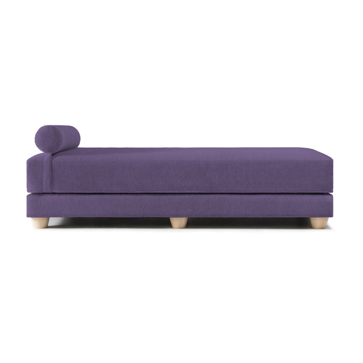 Chenille purple Alon daybed sleeper sofa with bolster pillow and wooden feet