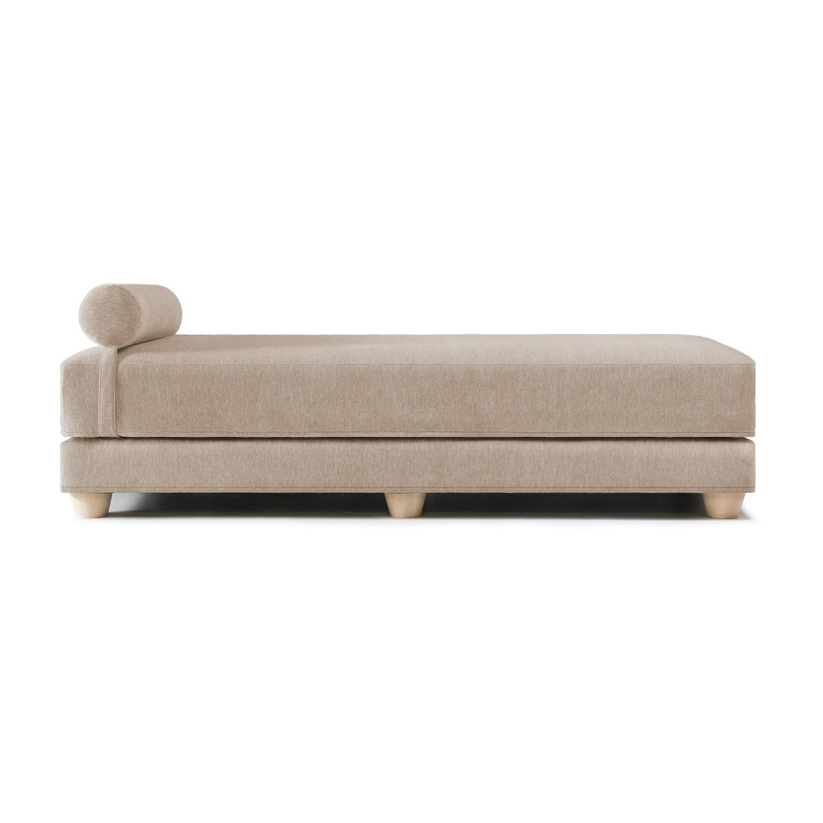 Chenille tan Alon daybed with bolster pillow and wooden feet