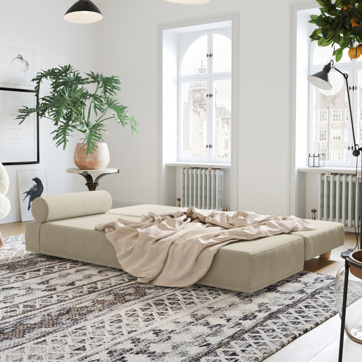 Alon Convertible Daybed with Wood Feet shown as a mattress - Microvelvet Ivory