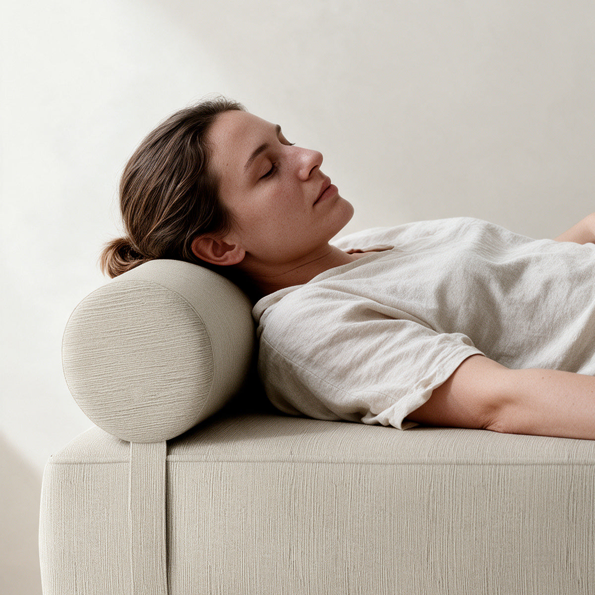 Alon Bolster Refresh in Ivory Microvelvet as a headrest on the Alon Daybed