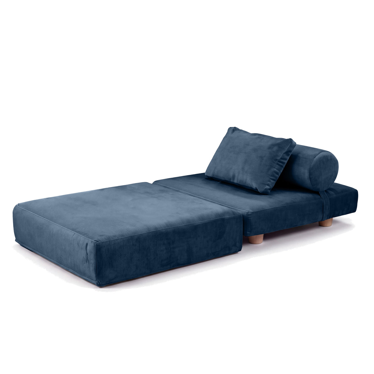 Avida Chair in Indigo Microvelvet, unfolded into a twin bed on white