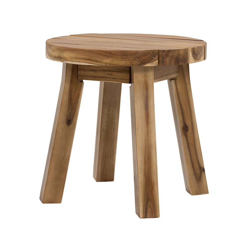 Round acacia wood side table in light brown, angled view