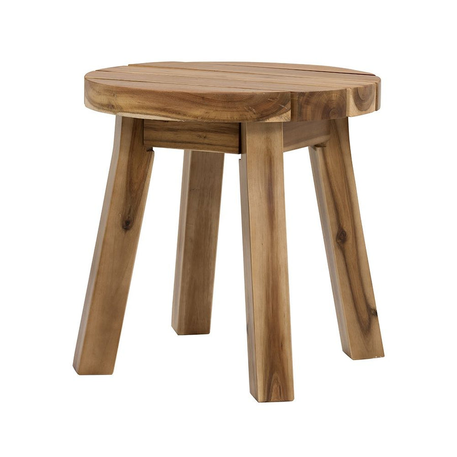 Round acacia wood side table in light brown, angled view