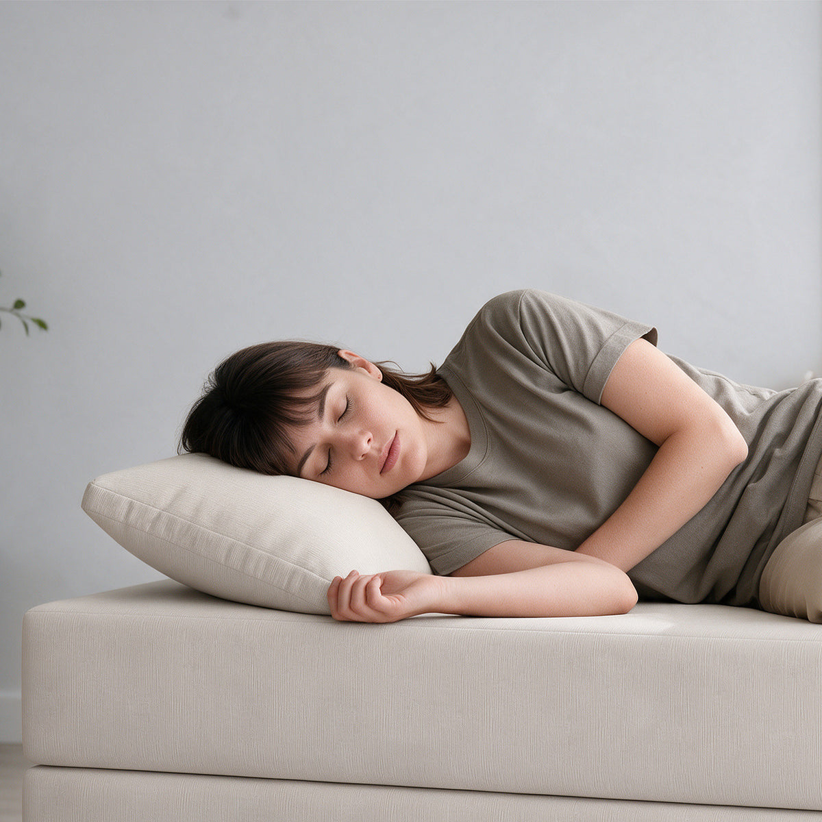 Balshan pillow in Ivory Microvelvet used for napping on the Balshan Daybed