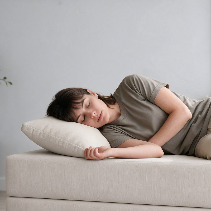 Balshan pillow in Ivory Microvelvet used for napping on the Balshan Daybed