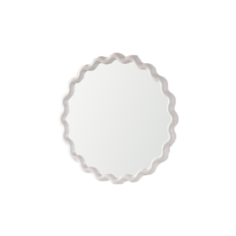 White scalloped round wall mirror on a white background