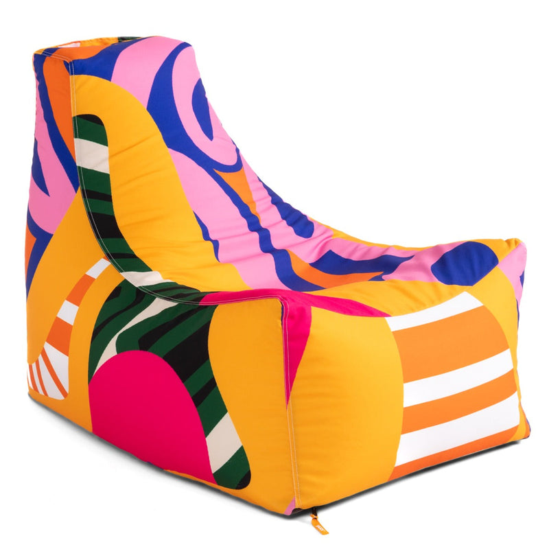 Colorful bean bag chair with abstract pattern on a white background
