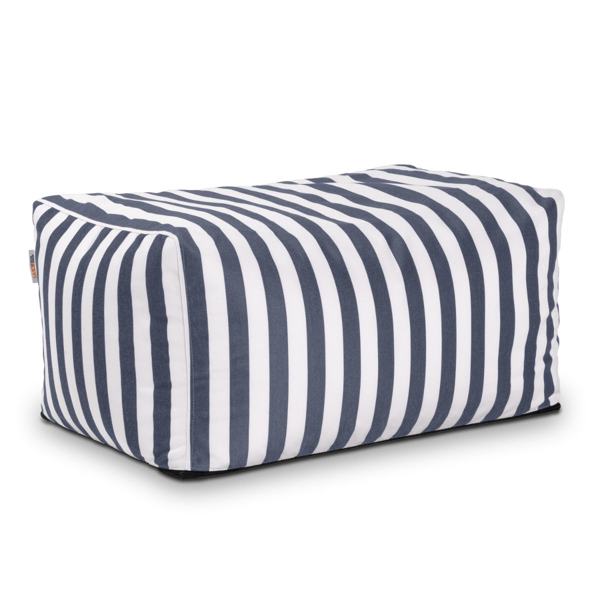 Rectangular striped pillow with blue and white stripes on a white background