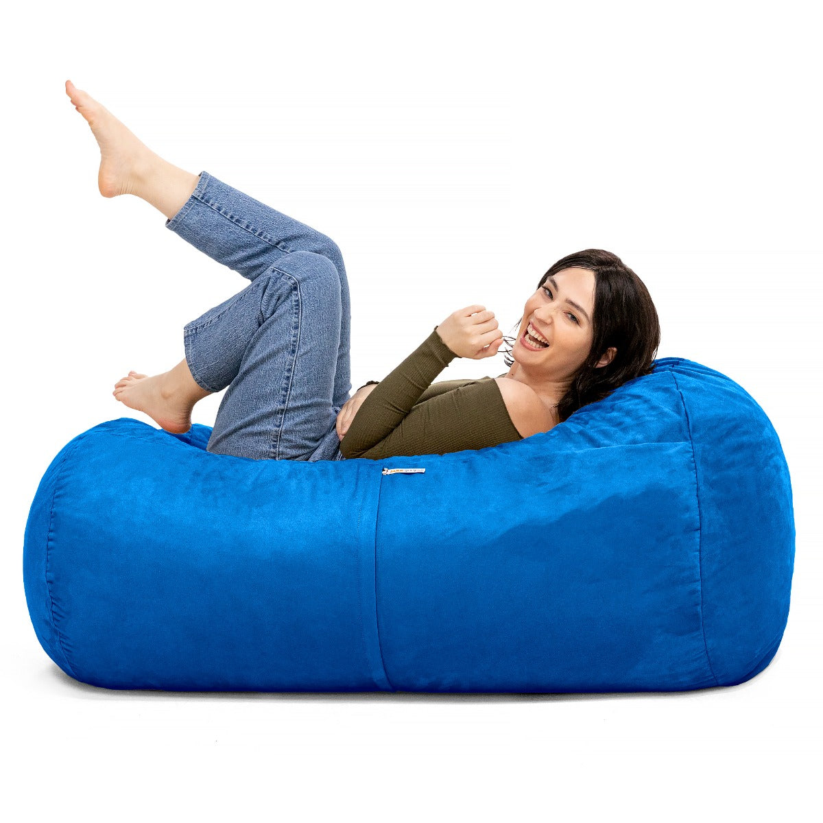 Model lying down on Jaxx Lounger 4 Bean Bag