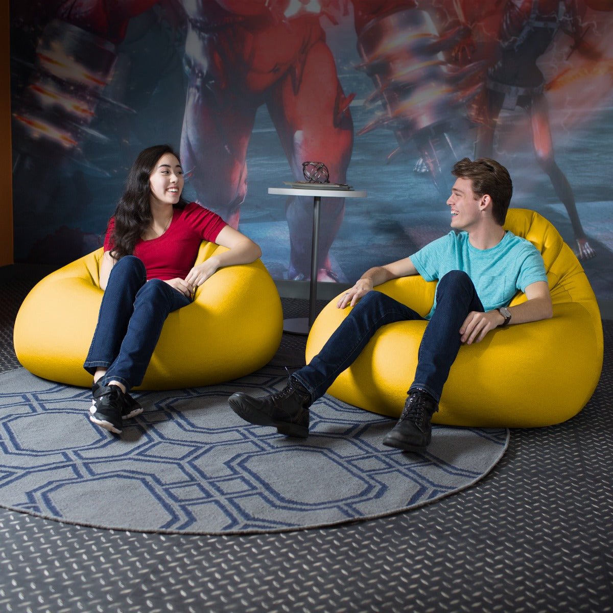 Boy and girl talking on the Nimbus Spandex Bean Bag Chair