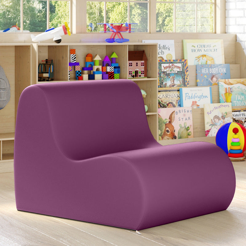 Purple children's chair in a room with books and toys