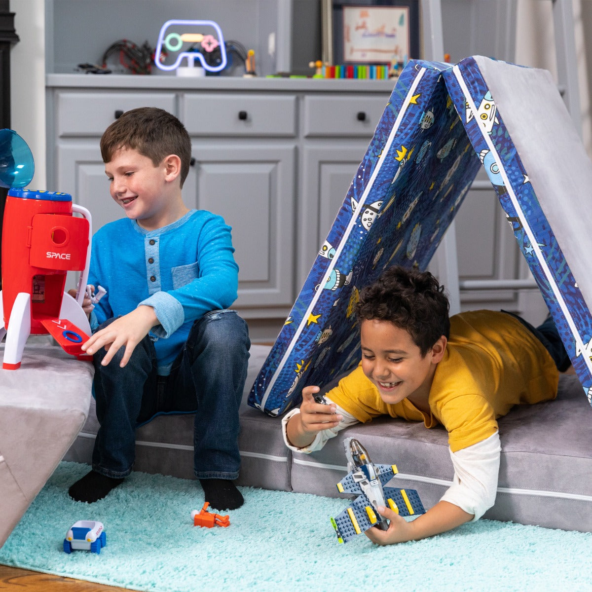 PlayScape in Gray Space Printed Microsuede