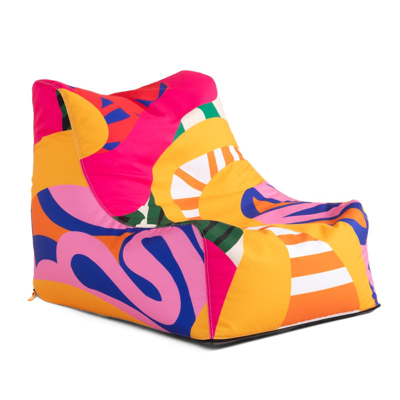 Colorful bean bag chair with abstract pattern on a white background