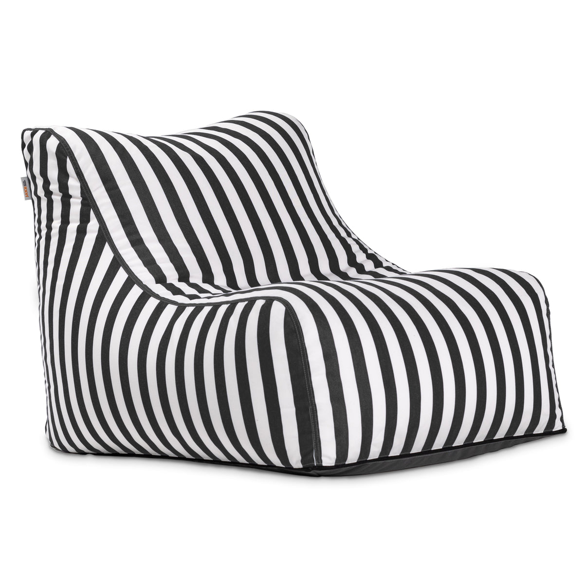 Black and white striped bean bag chair on a white background