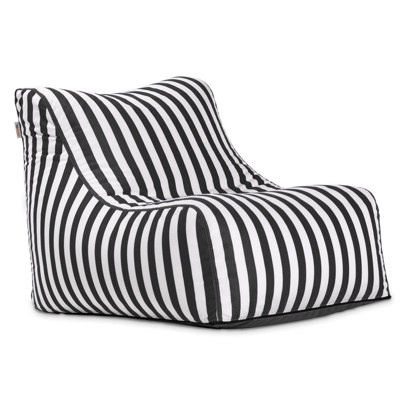 Black and white striped bean bag chair on a white background