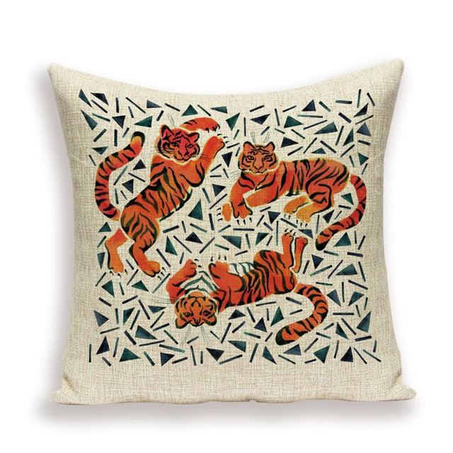 Pillow cover with red tigers and florals on cream