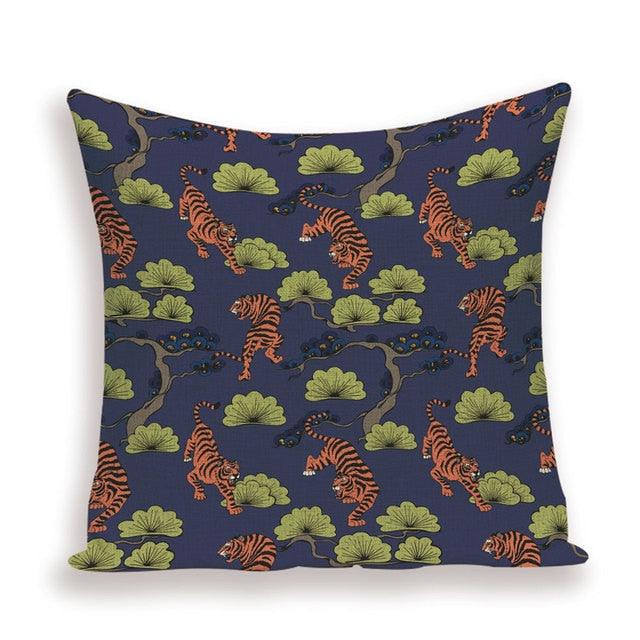 Pillow cover with a navy and gold floral print