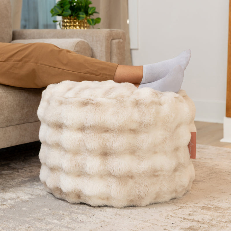 Raven Round Ottoman by Raven-Symoné in Phantom Cream Faux Fur
