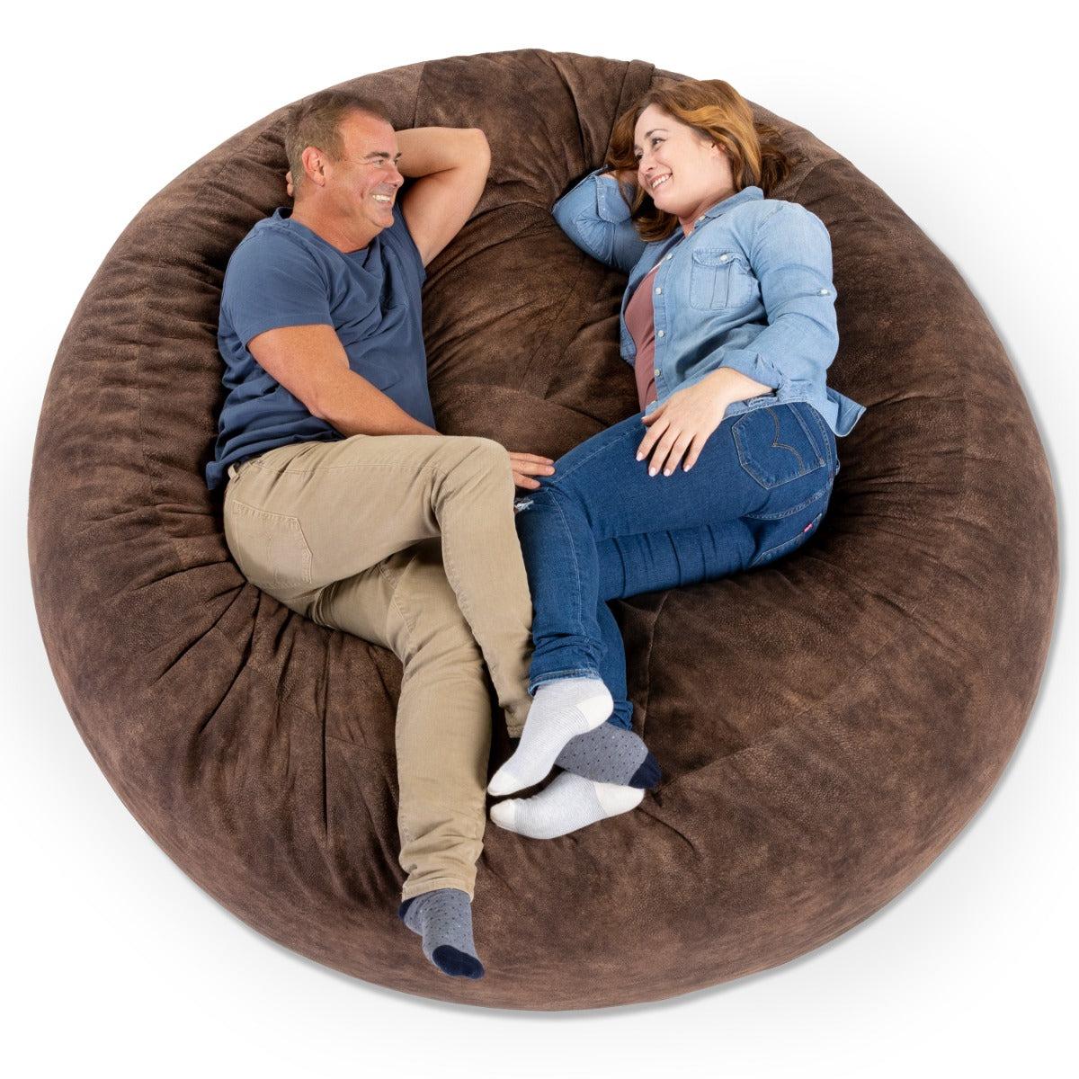 Couple relaxing on the Jaxx Saxx 6 in Faux Hide Fabric