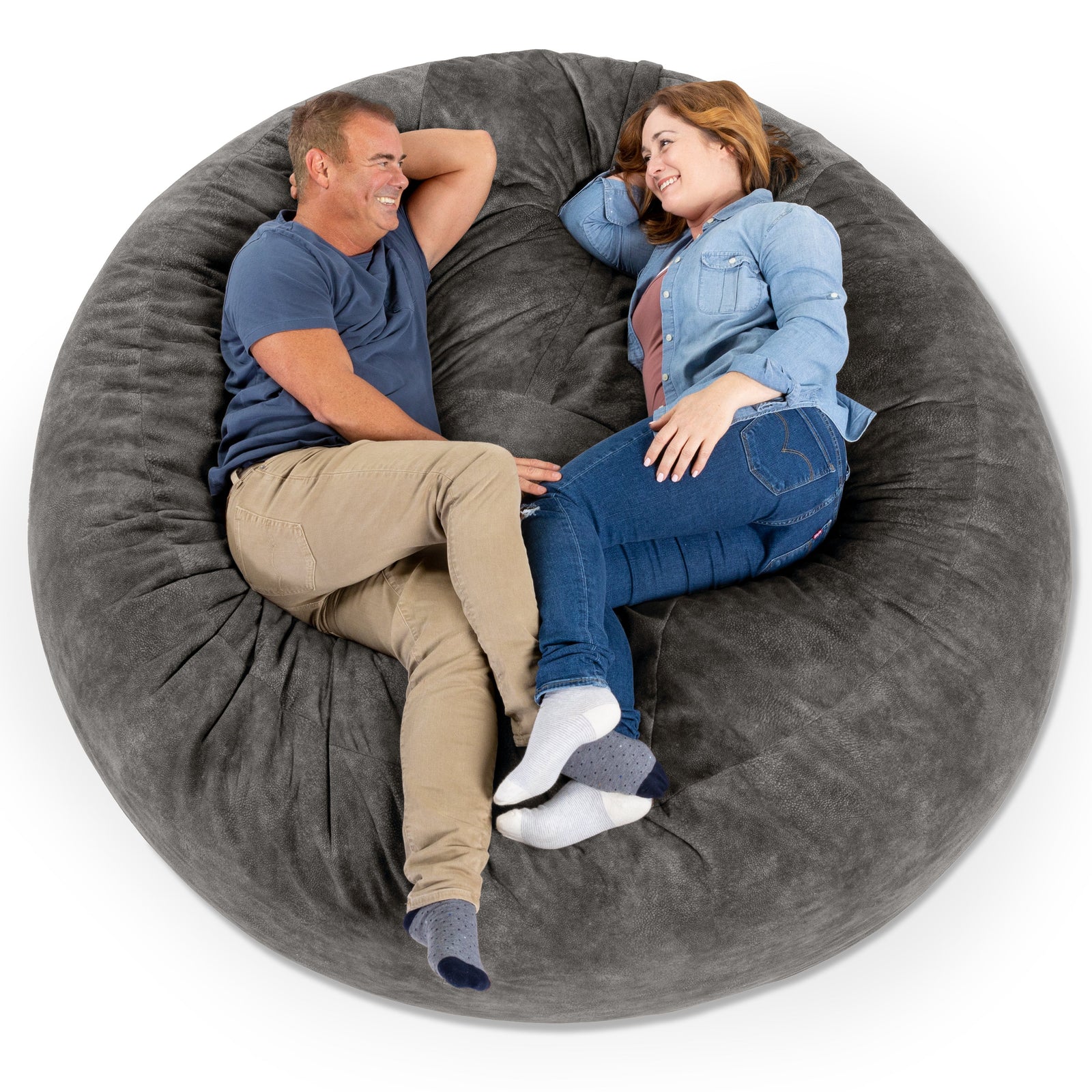Two people lying on Saxx 6 in microvelvet pewter on white background
