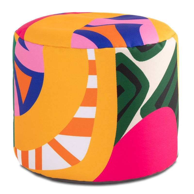 Colorful geometric-patterned ottoman on a white background