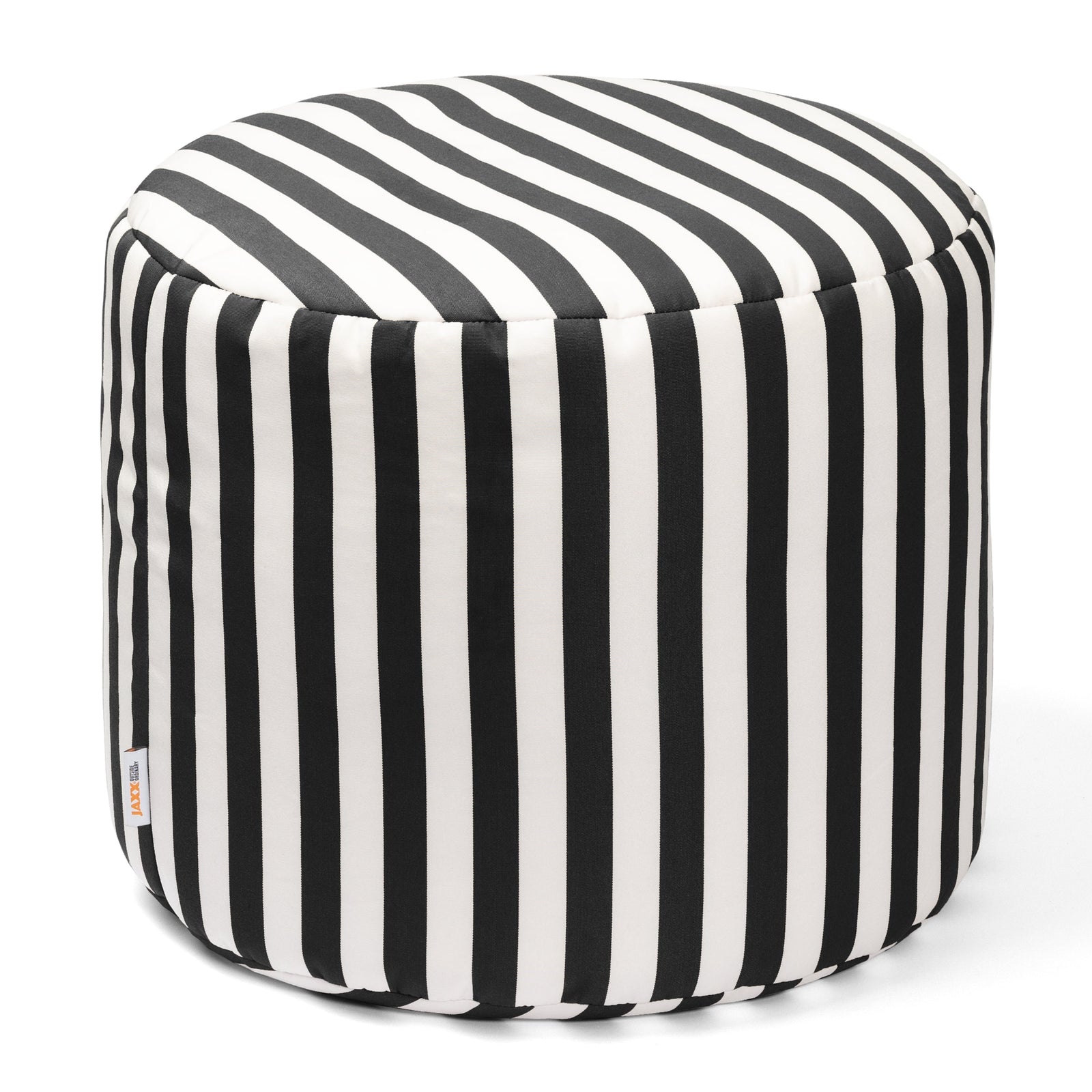 Black and white striped cube-shaped ottoman on a white background