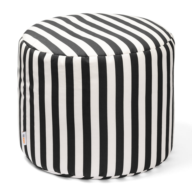 Black and white striped cube-shaped ottoman on a white background