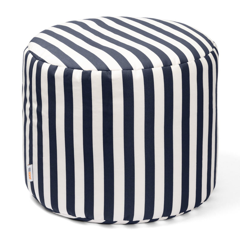 Striped ottoman with navy and white stripes on a white background