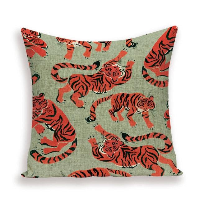 Pillow cover with red tigers on sage green