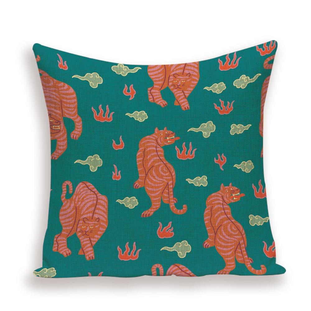 Pillow cover with tigers on a teal jungle print