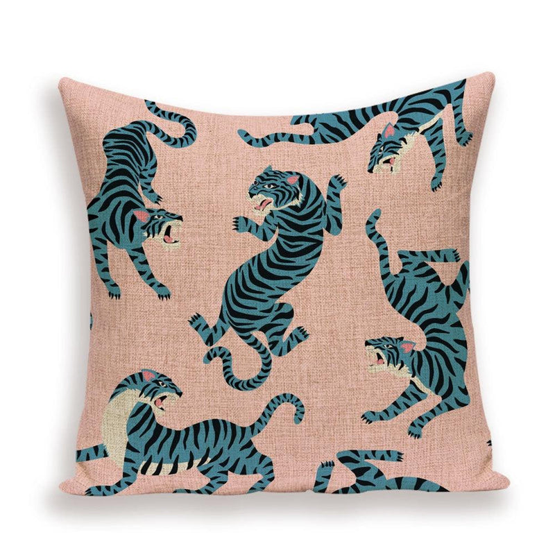Pillow cover with blue tigers on blush pink