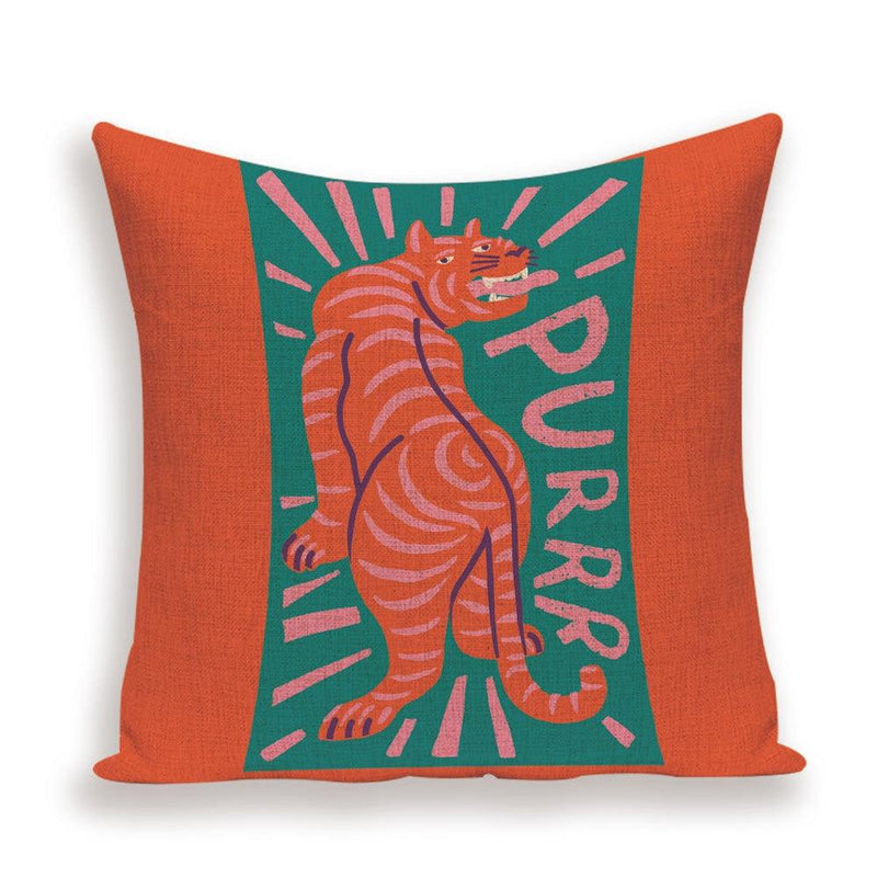 Pillow cover with a teal tiger on rust orange