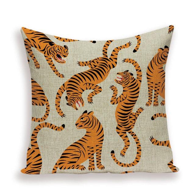 Pillow cover with orange leaping tigers on cream