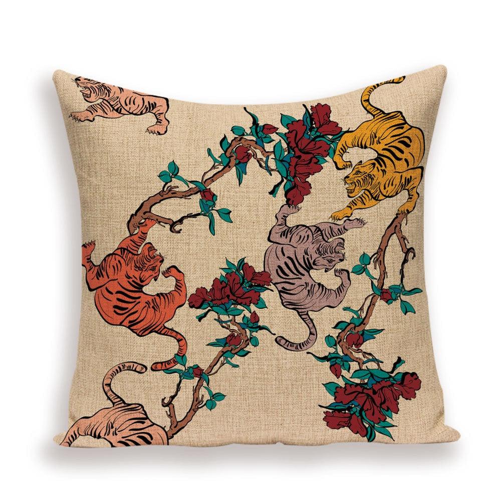 Pillow cover with tigers and florals on beige linen