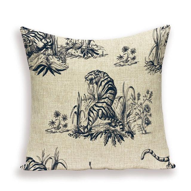 Pillow cover with a navy toile tiger print on linen